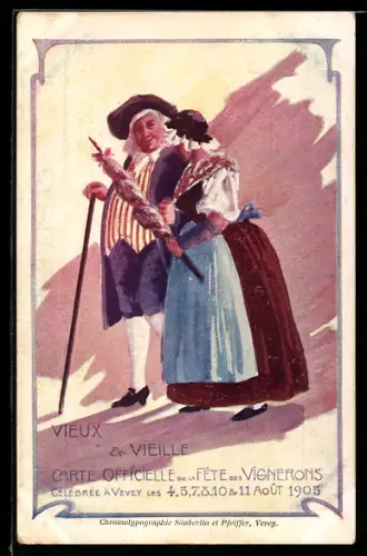 Künstler-AK Vevey, Vieux & Vielle, Fete des Vignerons 1905, altes Paar, Wein