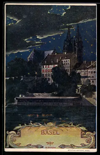 Künstler-AK Basel, Rheinpartie bei Nacht
