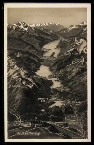 AK St. Moritz-Dorf, Karte mit Orten in der umliegenden Alpenlandschaft