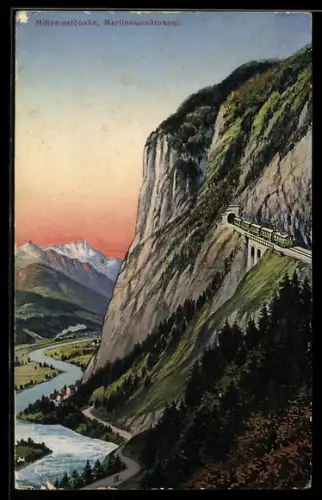 AK Mittenwaldbahn, Ausfahrt eines Personenzugs aus dem Martinswandtunnel