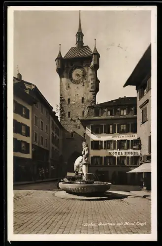 AK Baden, Statdturm mit Hotel Engel, Brunnen