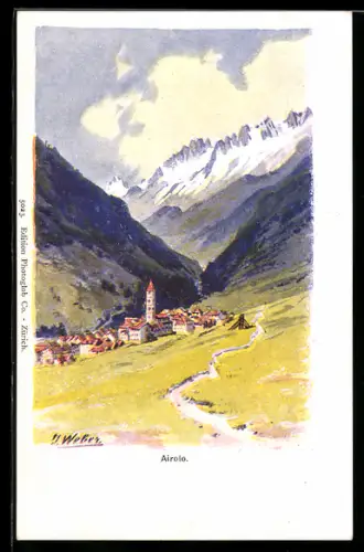 Künstler-AK Airolo, Ortsansicht vom Pfad aus