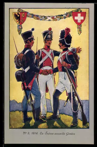 Künstler-AK Genève, La Suisse accueille 1814, Soldaten geben sich die Hand