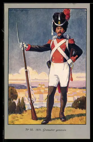 Künstler-AK Genf, Grenadier genevois, 1814 Centenaire de la Réunion 1914