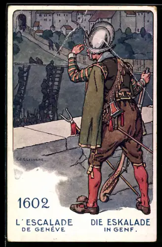 Künstler-AK Genf, Die Eskalade mit schweizer Soldat von 1602