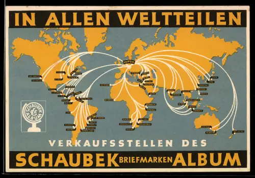 Künstler-AK Berlin, Reklame für Schaubek-Briefmarkenalbum, Weltkarte