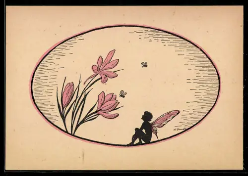 Künstler-AK Elsbeth Forck: Elfe mit Blumen und Bienen, Schattenbild