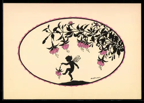 Künstler-AK Elsbeth Forck: Silhouette von einer Fee mit einer rosa Blume