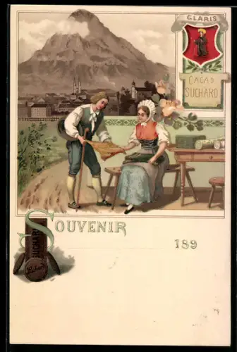 Lithographie Glarus, Tuchhändlerin vor der Stadt, Reklame für Suchard Kakao