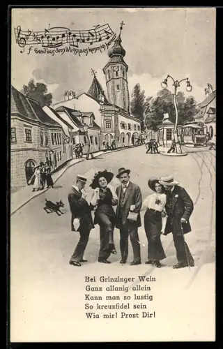 AK Wien, Grinzing, Strasse und Kirche aus der Sicht eines Betrunkenen
