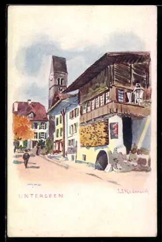 Künstler-AK Unterseen, Strassenpartie mit Blick zum Kirchturm