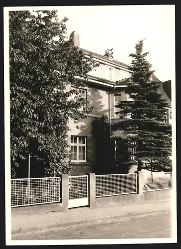 Fotografie Ansicht Offenbach a. M., Wohnhaus von Bäumen zugewachsen mit Gitterzaun