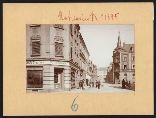 Fotografie Brück & Sohn, Meissen, Ansicht Rosswein, Dresdner Strasse, Eckhaus mit Zigarrenladen Otto Schmidt