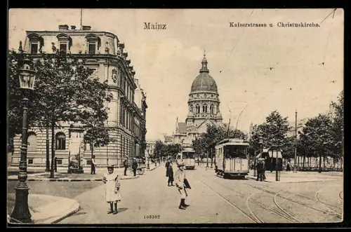 AK Mainz, Kaiserstrasse, Christuskirche, Strassenbahn