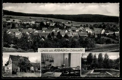 AK Asbach im Odenwald, Ortsansicht, Gasthaus Pension und Metzgerei August Schütz, Gartenanlage