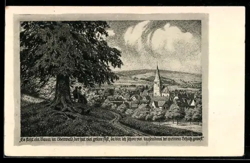 Künstler-AK Michelstadt /Odenw., Blick auf Stadt mit Kirche und Baum im Vordergrund