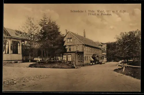 AK Gehlberg, Blick zum Hotel-Pension Schmücke