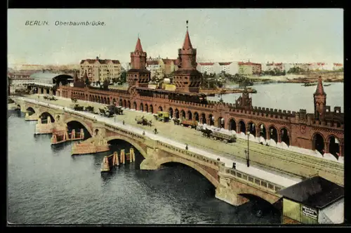 AK Berlin-Friedrichshain, Gespanne auf der Oberbaumbrücke