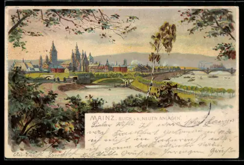 Lithographie Mainz, Blick von den Neuen Anlagen mit Kirche