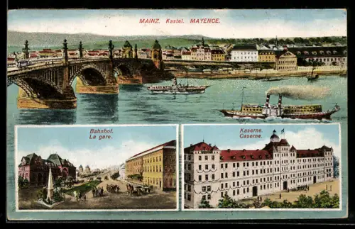 AK Mainz, Bahnhof, Kaserne und Ortspanorama