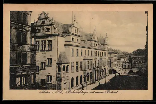 AK Mainz a. Rh., Bahnhofstrasse mit neuem Postamt