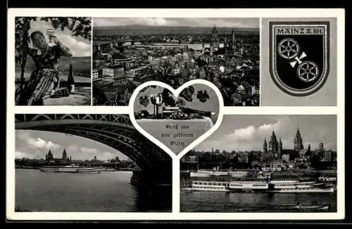 AK Mainz a. Rh., Teilansicht, Brücke, Uferpartie mit Dampfer