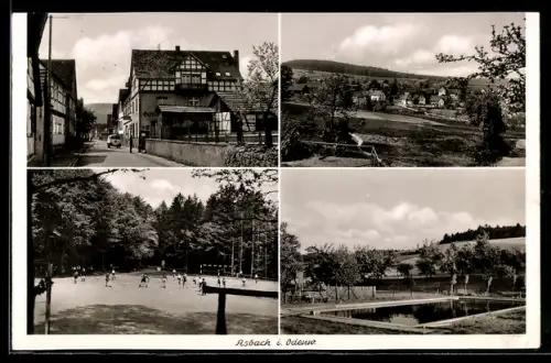 AK Asbach i. Odenw., Sportplatz, Schwimmbecken, Strassenpartie