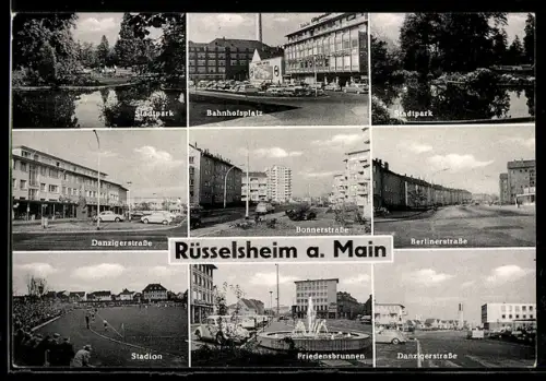 AK Rüsselsheim a. Main, Bahnhofsplatz, Stadtpark, Friedensbrunnen
