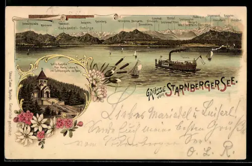 Lithographie Berg /Starnberger See, Dampfschiff Bavaria, Votiv-Kapelle f. König Ludwig II im Schlosspark