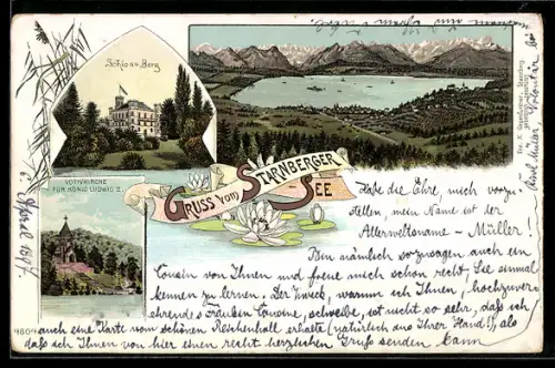 Lithographie Berg /Starnberger See, Schloss Berg, Votivkirche für König Ludwig II., Seepanorama