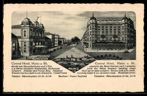 AK Mainz a. Rh., Central Hotel, Hauptbahnhof