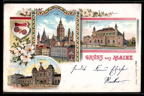 Lithographie Mainz, Dom, Stadthalle, Bahnhof, Wappen