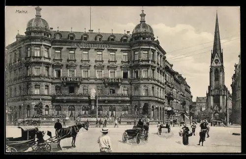 AK Mainz, Central-Hotel am Hauptbahnhof, Kirche, Strassenansicht