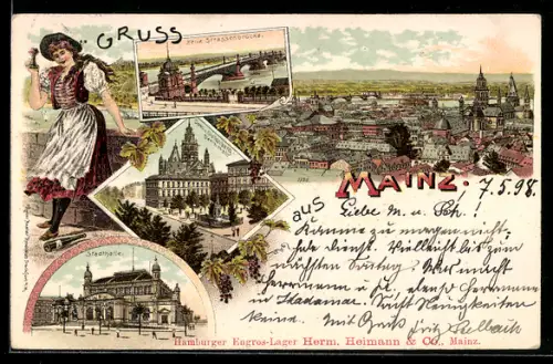 Lithographie Mainz, Dom mit Gutenberg-Denkmal, Neue Strassenbrücke, Stadthalle