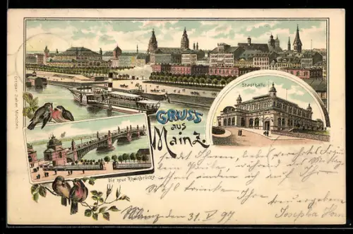 Lithographie Mainz, Rheinufer, neue Rheinbrücke, Stadthalle