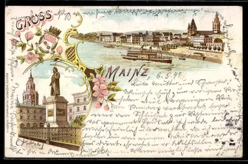 Lithographie Mainz, Rheinpanorama, Dom, Gutenberg-Denkmal