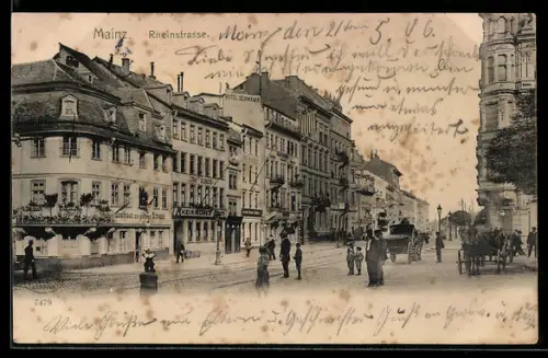AK Mainz, Rheinstrasse mit Gasthaus zur goldenen Schippe, Hotel Germania, Gasthof zum Taunus