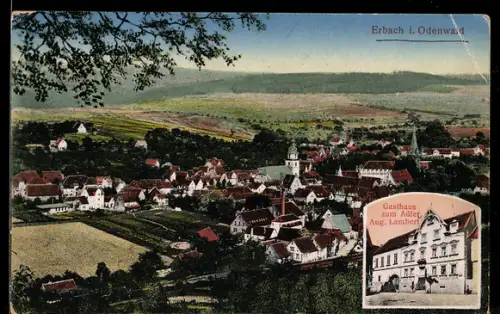AK Erbach i. Odenwald, Gasthaus zum Adler, Inh. Aug. Lambert, Ortsansicht aus der Vogelschau