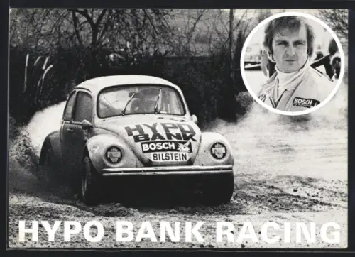 AK Auto Volkswagen VW Käfer Rennwagen Hypo Bank Racing, Rennfahrer Portrait