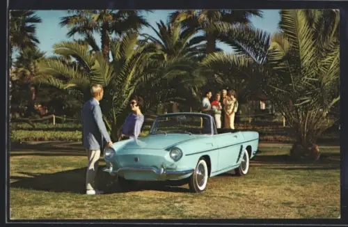AK Auto Renault, Blaues Cabrio auf einer Wiese mit Palmen