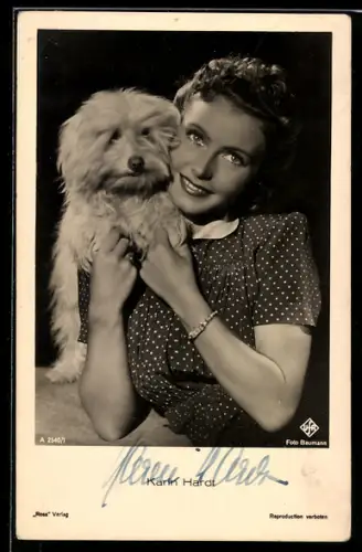 AK Schauspielerin Karin Hardt mit Hund, Autograph