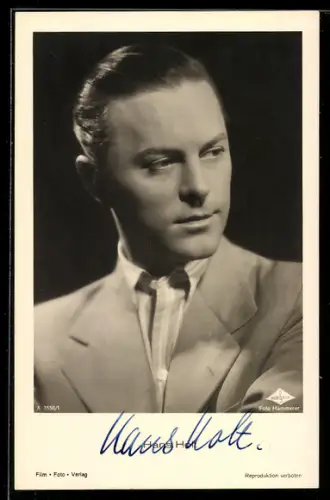 AK Schauspieler Hans Holt, im Anzug gesehen, den Blick zur Seite gerichtet, Autograph