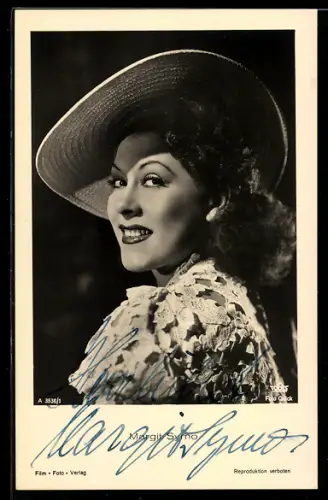 AK Schauspielerin Margit Symo, Porträt mit grossem Hut, Autograph