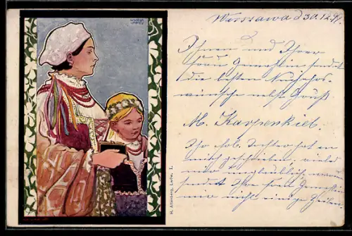 Künstler-AK sign. Wilhelm Wechtel: Mutter in Tracht mit Tochter