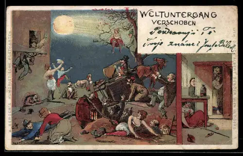 Lithographie Zukunft: Weltuntergang verschoben, Leute verstecken und verkriechen sich, Komet fliegt vorbei