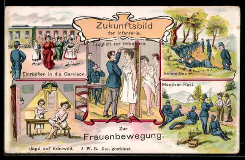 Künstler-AK Zukunftsbild der Infanterie, Frauen nehmen an der Armee teil