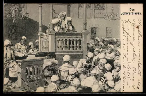AK Rabbi in der Synagoge beim Schofarblasen