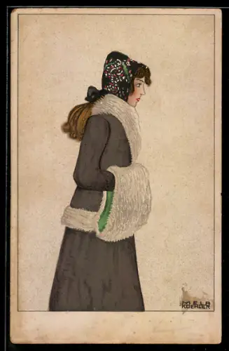 Künstler-AK Wiener Werkstätte Nr. 581, Mela Köhler: Dame im Wintermantel mit Pelzmuff im Profil