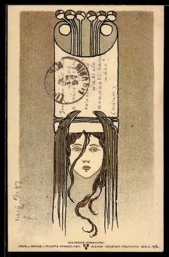 Künstler-AK Philipp + Kramer Nr. IV /6: Frau mit rotem Haar im goldenen Ornament-Rahmen, Jugendstil