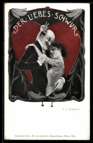 Künstler-AK sign. A. H. Schramm: Der Liebes-Schwur, Liebespaar liegt sich im Herz-Rahmen in den Armen, Jugendstil